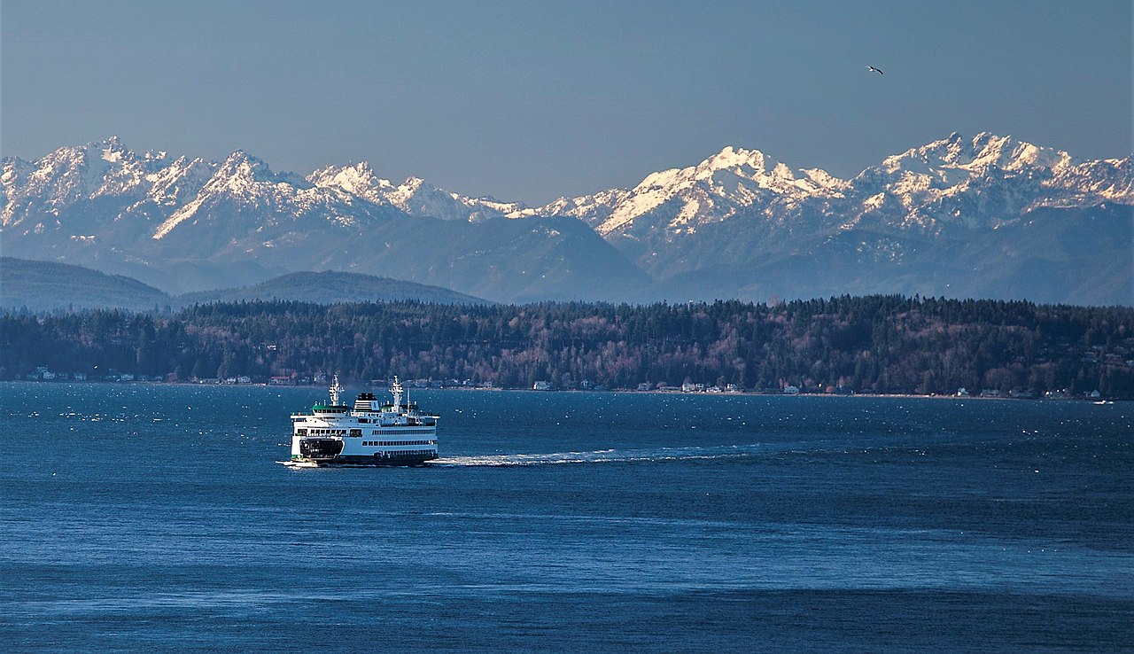 Ferries on Puget Sound with Olympic Mountains in background