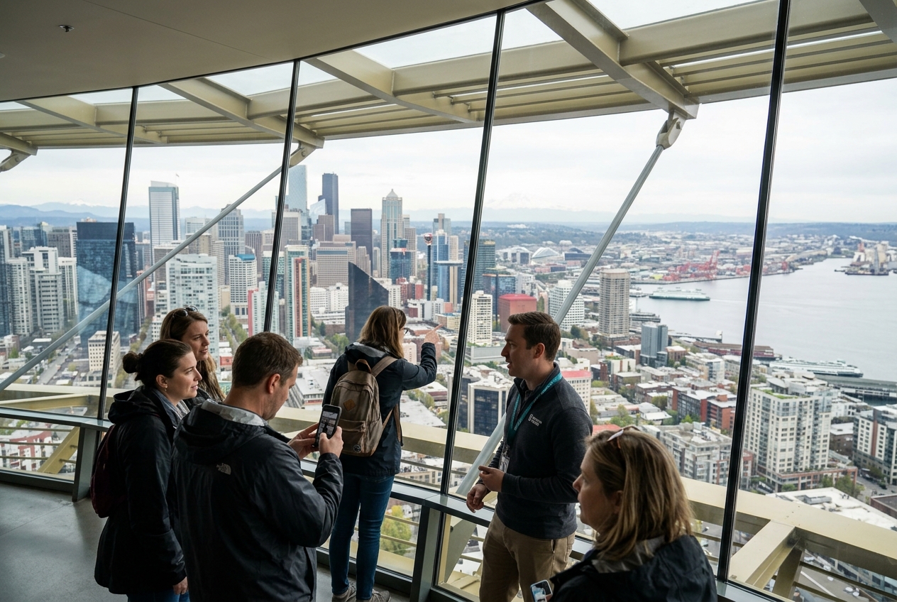 Space Needle observation tower with Seattle skyline and Mount Rainier in the distance